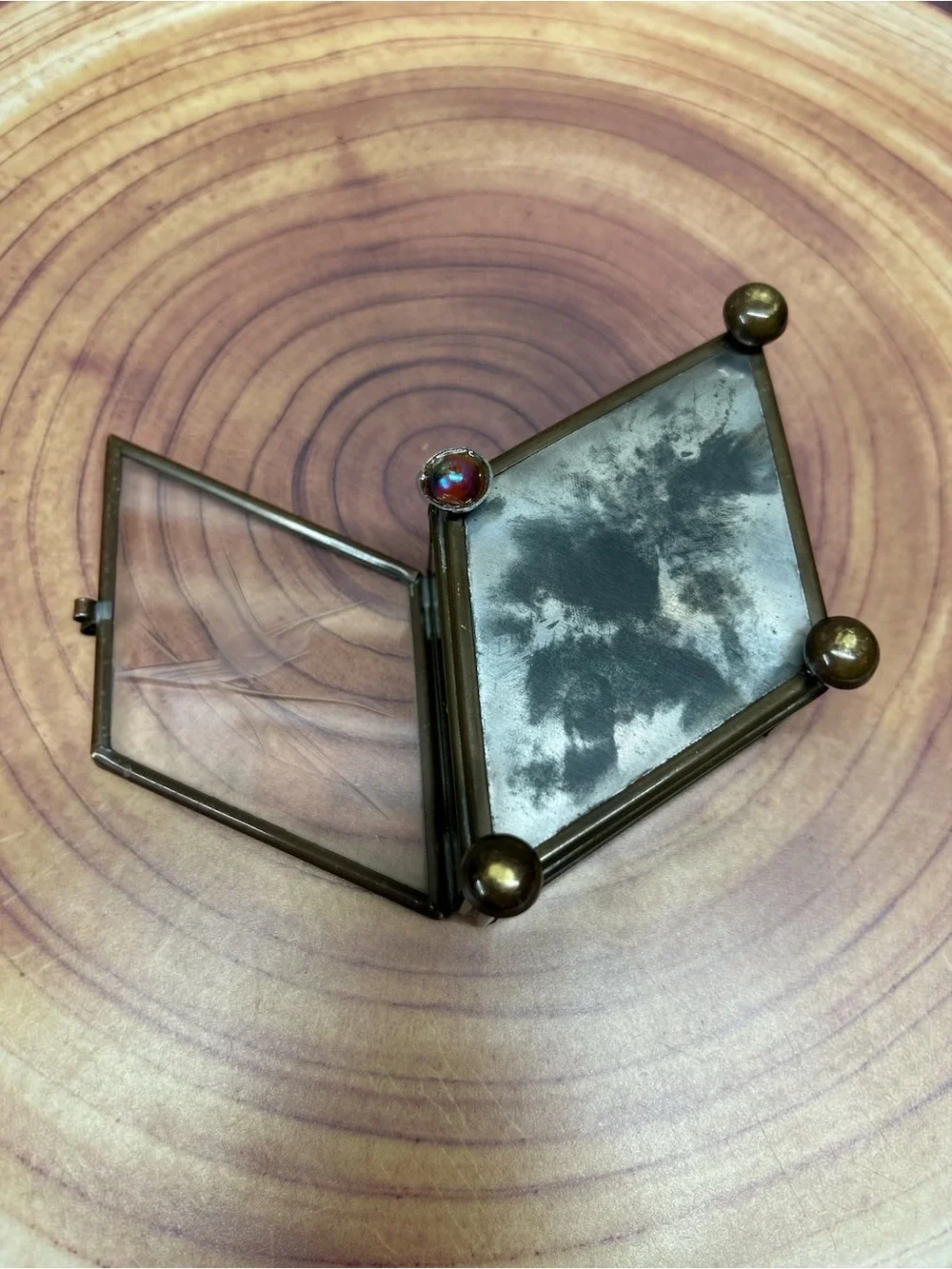 Vintage Diamond Coffin Style Glass Trinket Box Brass Footed Mirrored Floral